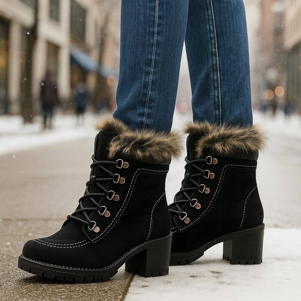 Black Suede & Leather Faux Fur Ankle Boots – Chunky Heel, Winter Comfort Size 8